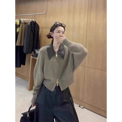 设计感拼皮双拉链针织外套秋女2023时尚名媛洋气短款软糯毛衣开衫