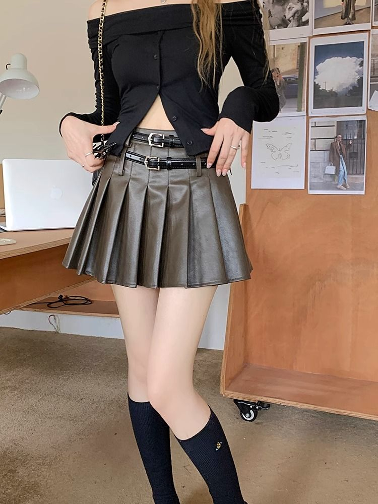 辣妹百褶半身裙女秋季新款韩系设计感双皮带个性高腰百搭皮裙
