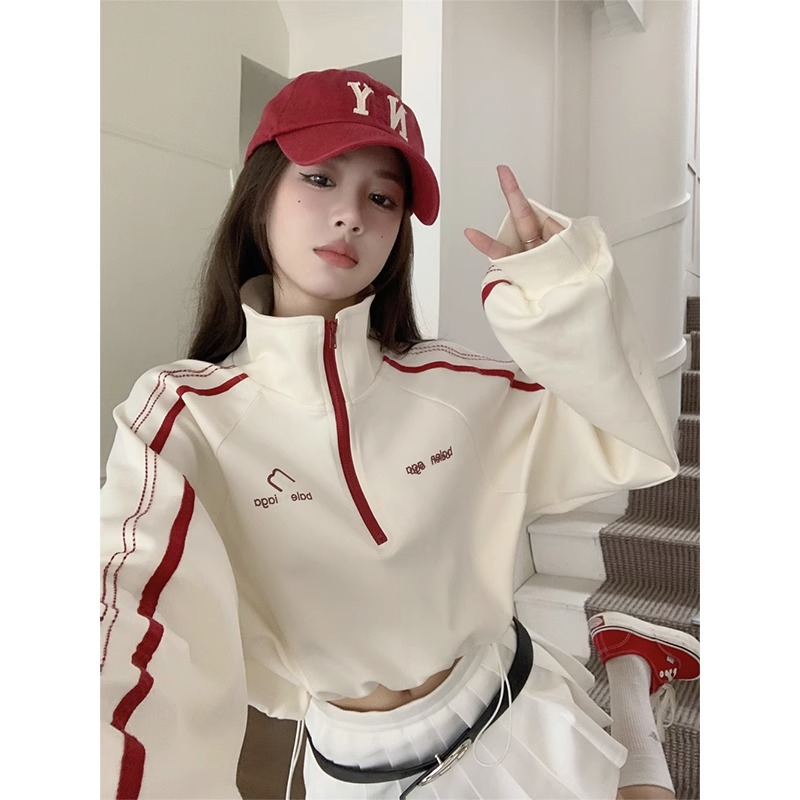 Stand collar long-sleeved sweatshirt for women autumn Korean version  new sports style contrast color short drawstring jacket