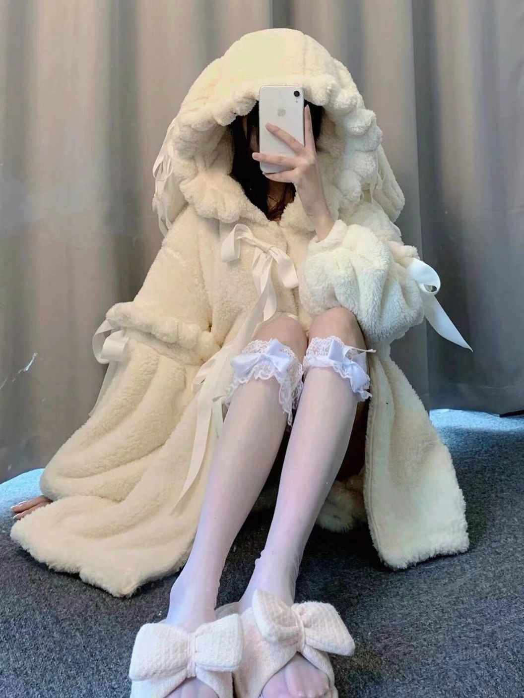 赵露思同款可爱兔子蝴蝶结珊瑚绒睡袍女冬季新款甜美睡衣