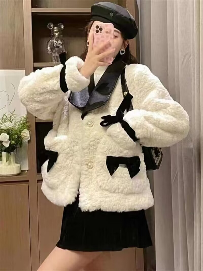  autumn and winter new style bow imitation rabbit fur thickened small fragrance slim fashion versatile fur tops for women