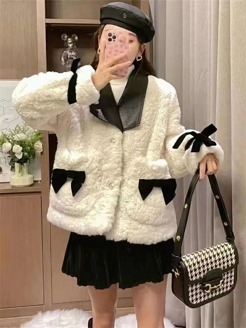  autumn and winter new style bow imitation rabbit fur thickened small fragrance slim fashion versatile fur tops for women