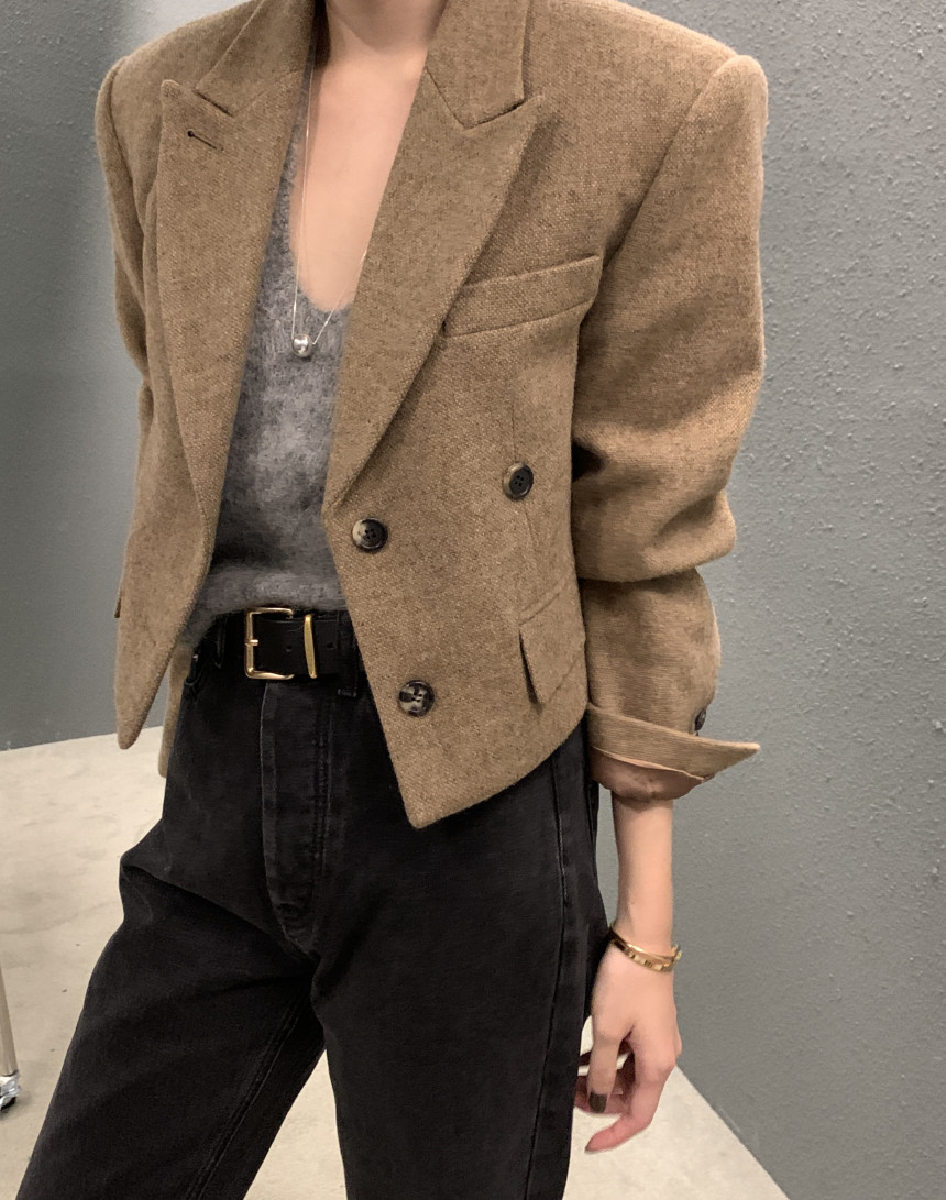 韩国chic秋冬新款法式复古宽松短款西装领单排扣呢外套
