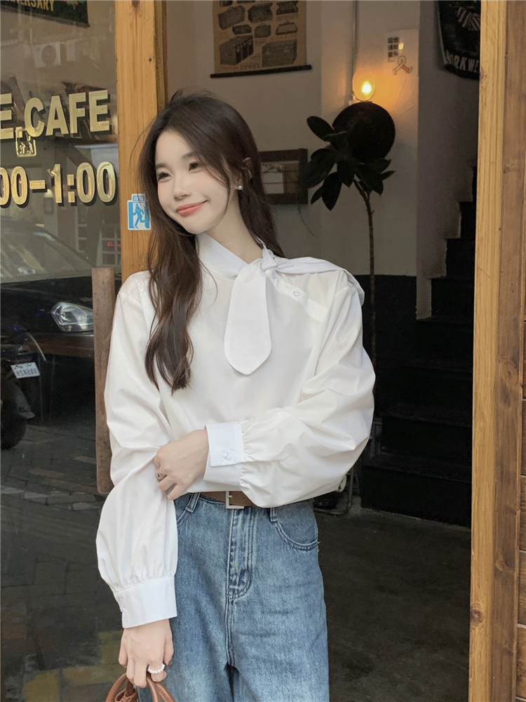 实拍！白色法式简约纯色长袖上衣女韩系甜美减龄斜扣系带衬衫
