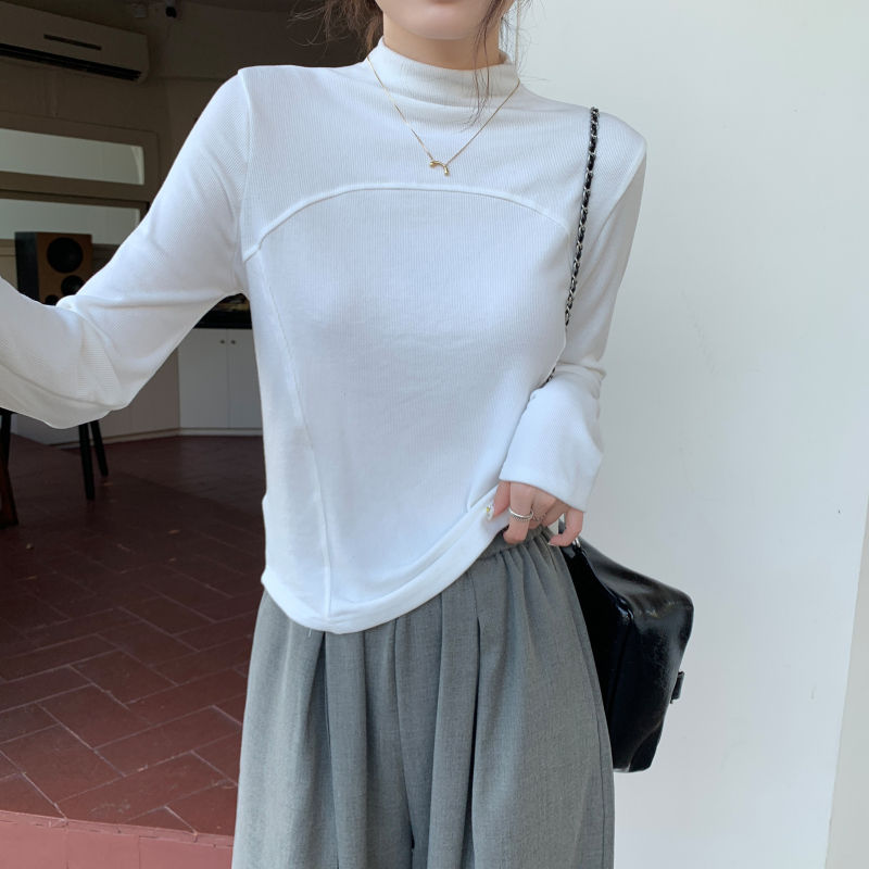 實拍 磨毛羊絨加絨半高領打底衫女洋氣內搭T恤緊身長袖上衣