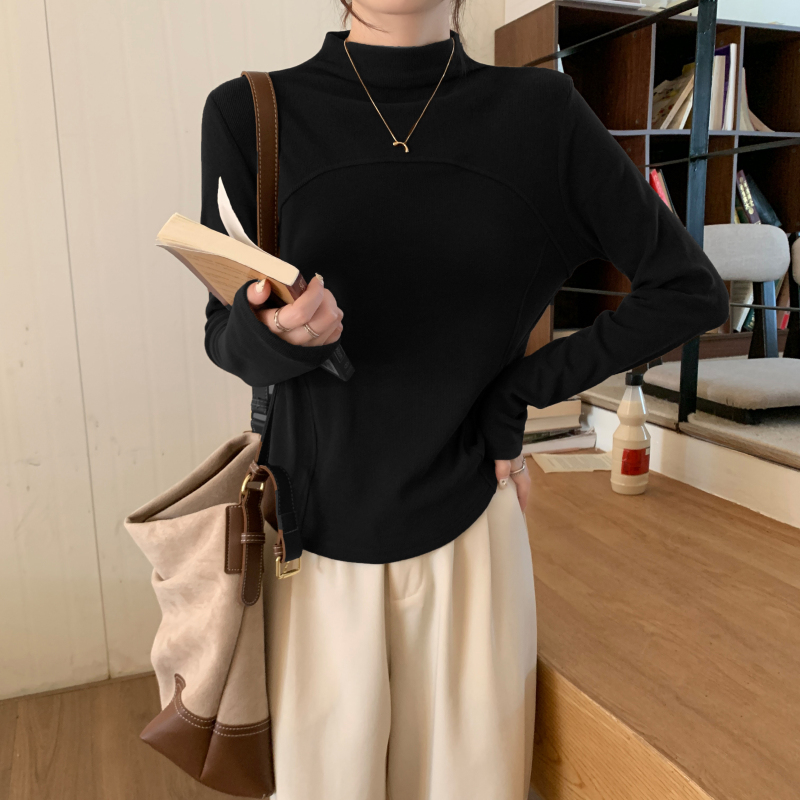 實拍 磨毛羊絨加絨半高領打底衫女洋氣內搭T恤緊身長袖上衣