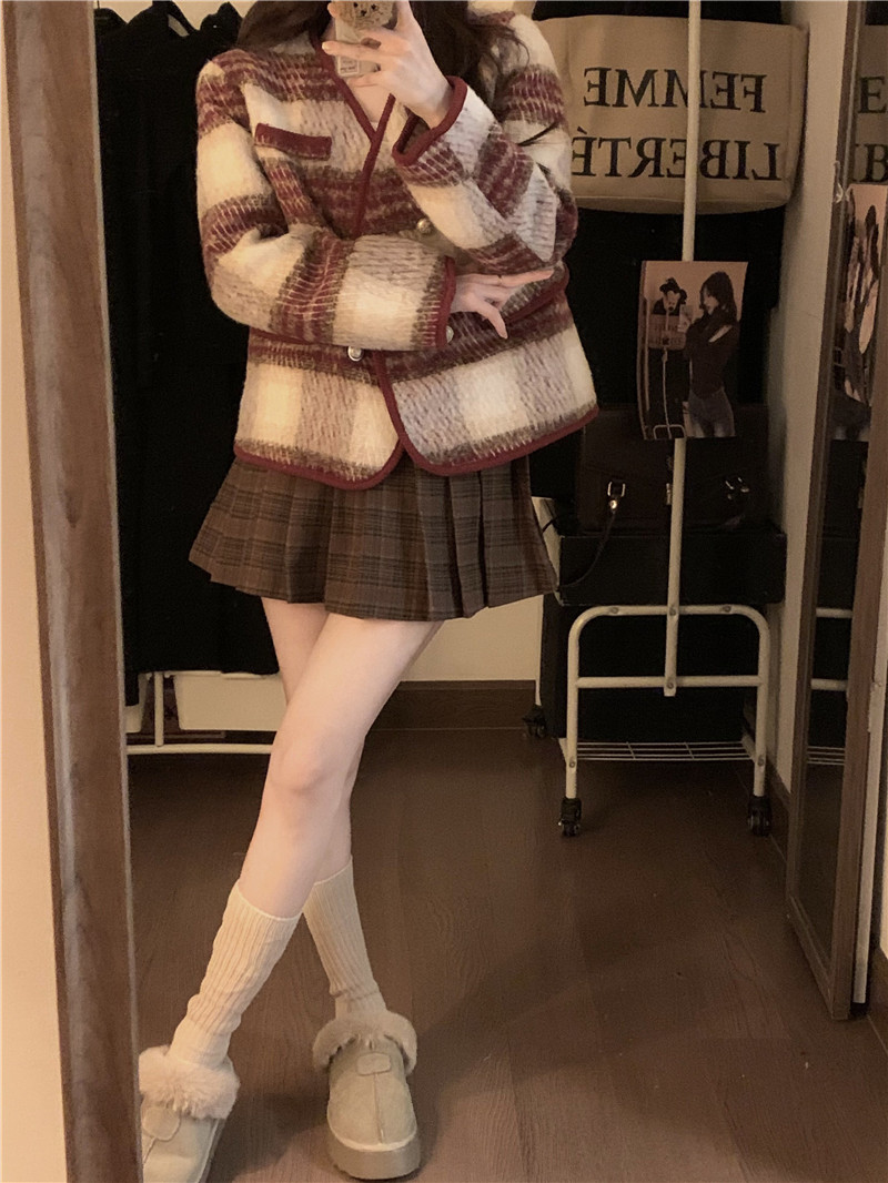 Real shot ~ Xiaoxiangfeng tweed plaid coat for women winter loose quilted thickened woolen coat