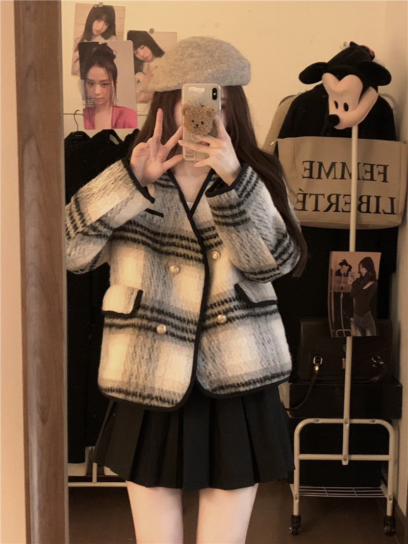 Real shot ~ Xiaoxiangfeng tweed plaid coat for women winter loose quilted thickened woolen coat