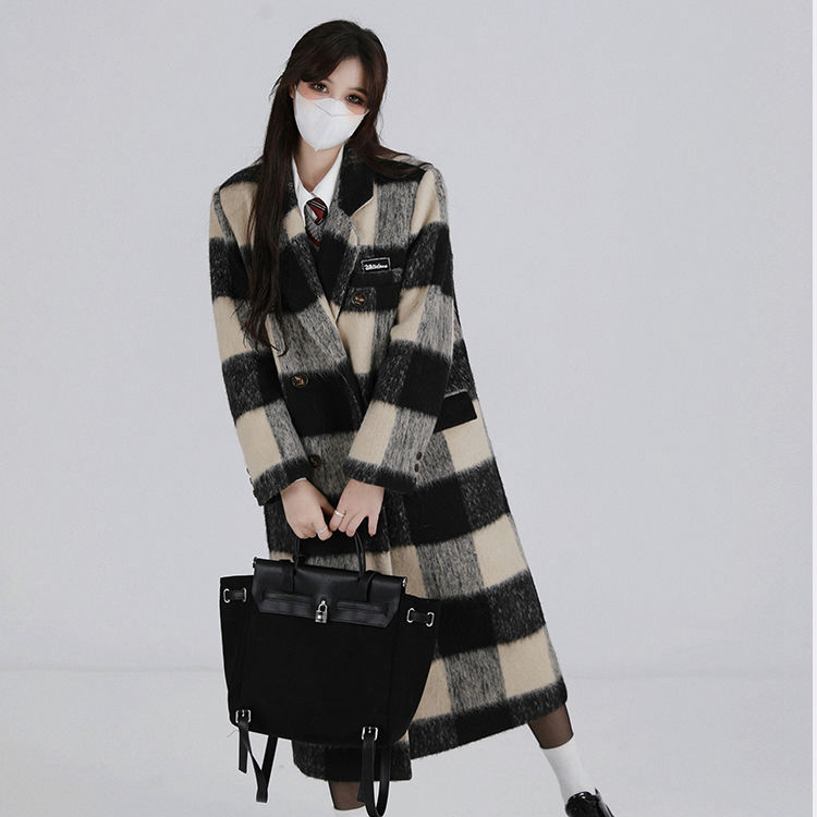 韩版高级设计赫本风小个子格子长款百搭加厚中长款外套