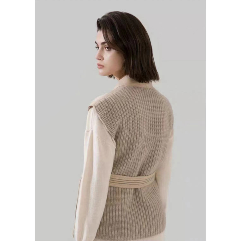 韩国新款设计感V领棉衣马甲女短款腰带宽松加厚针织拼接秋冬外套