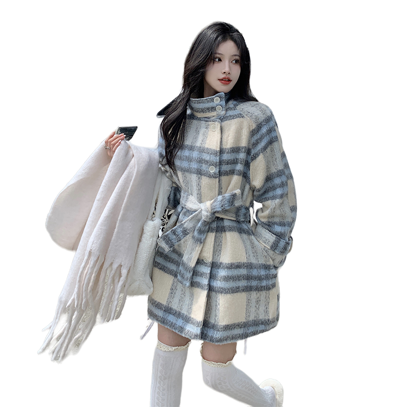 Real shot ~ blue and white plaid lazy style woolen coat winter 2023 thickened Korean style gentle style woolen coat large size