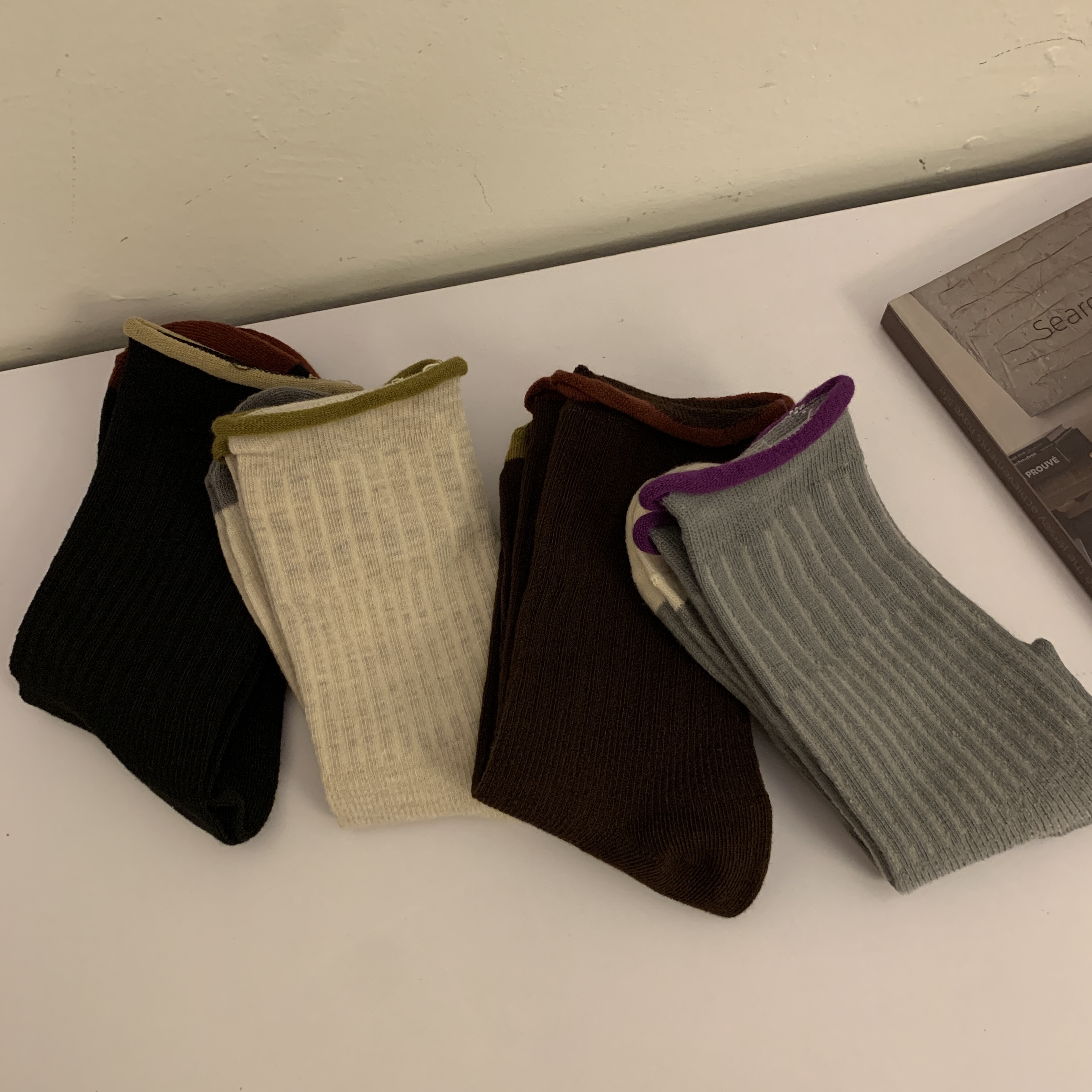 实拍 秋冬保暖中筒袜韩版拼色卷边百搭堆堆袜4双装