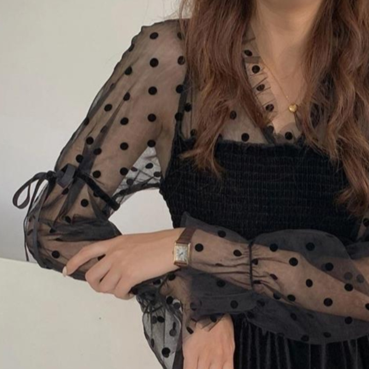 Quality Inspection Official Photo Autumn V-neck design splicing mesh polka dot dress French slimming long skirt for women