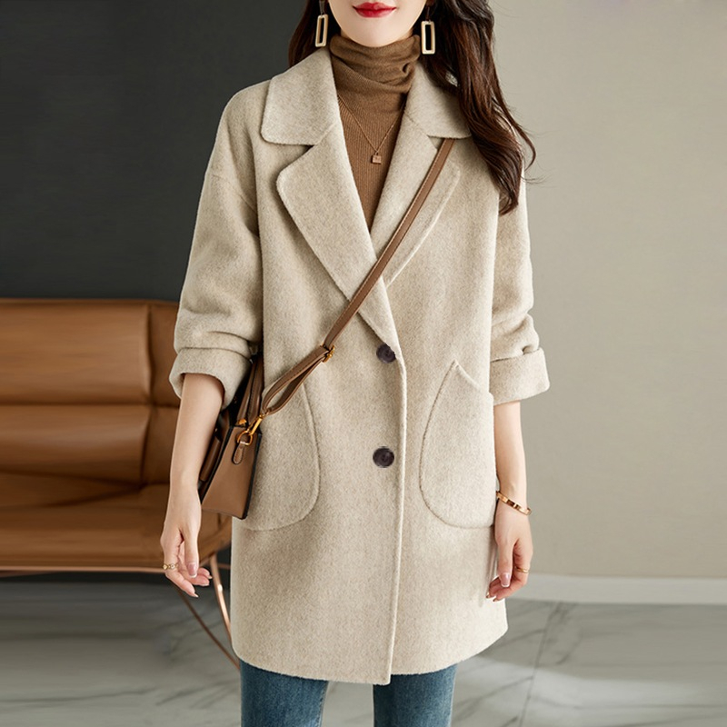 Pink Woolen Coat Women's Mid-Length 2023 Autumn and Winter New Style Small Style Loose Fashionable Woolen Coat