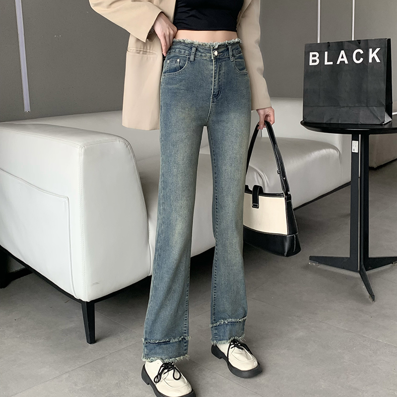 Actual shot ~ Straight-leg jeans for women, new style, high-waisted, slim, small, raw edge, nine-point cigarette pipe pants, autumn