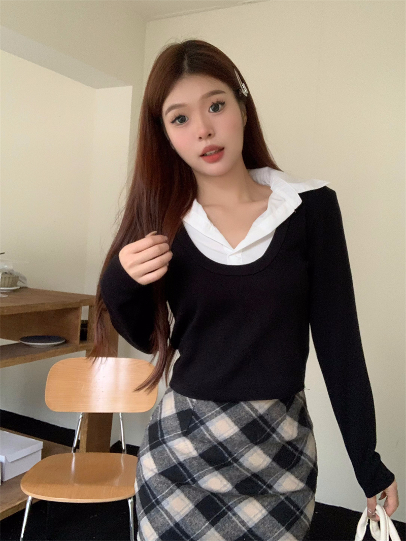 实拍 韩版设计感学院风衬衫拼接假两件短款长袖上衣针织衫女