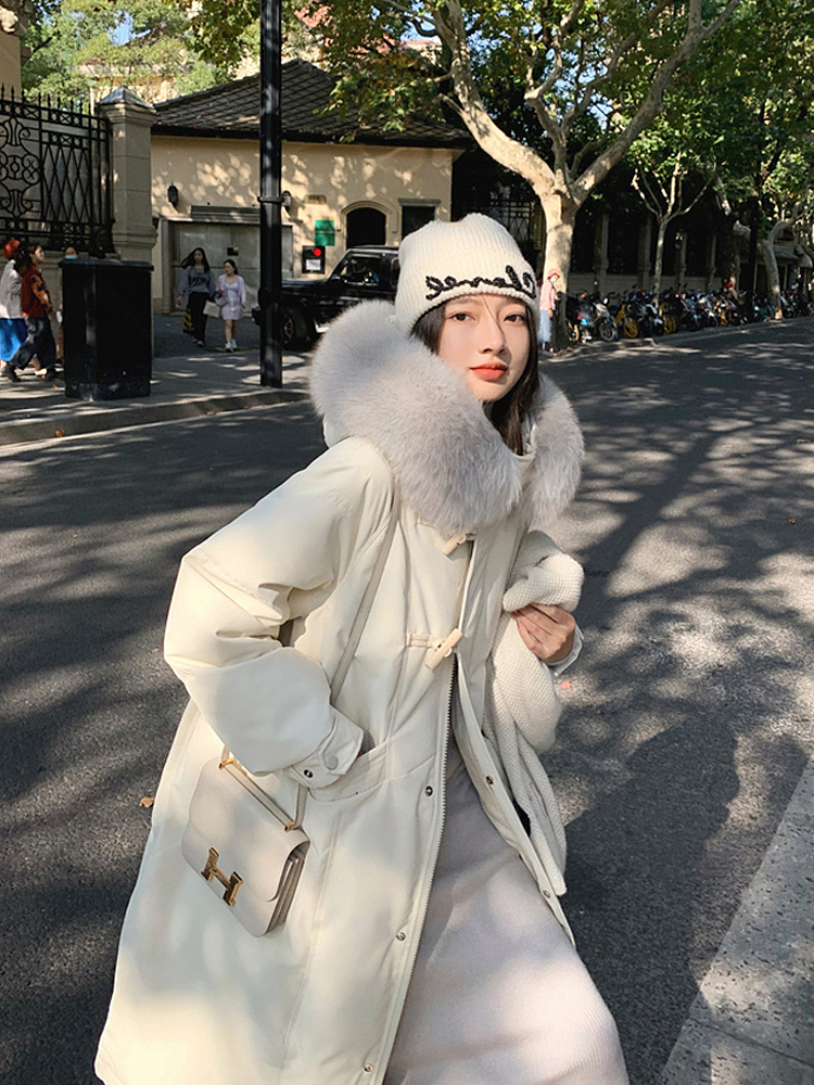 2023新款时尚韩版大毛领设计感小众收腰冬季加厚羽绒棉衣外套