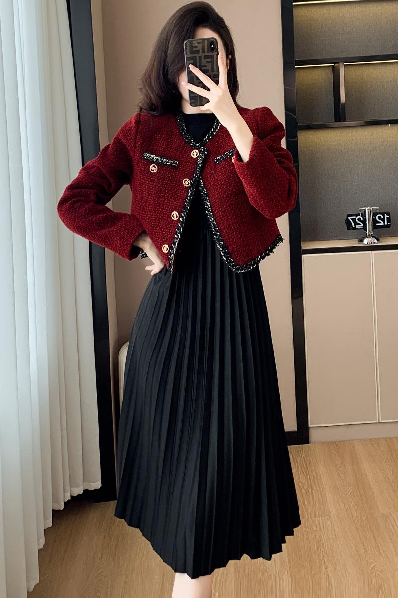 實拍加棉兩件套新年氛圍紅色小香風外套女2024秋季法式高級感短款