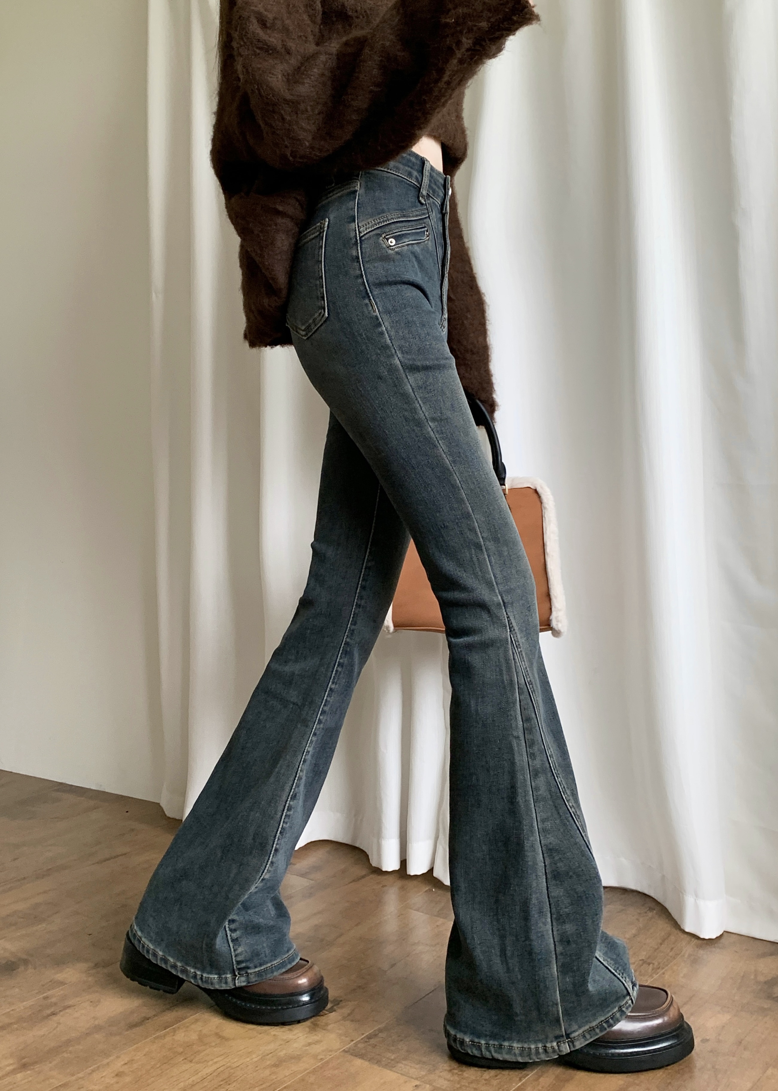Actual shot ~ Retro distressed slim-fit bootcut jeans, American high street mid-high waist floor-length flared pants