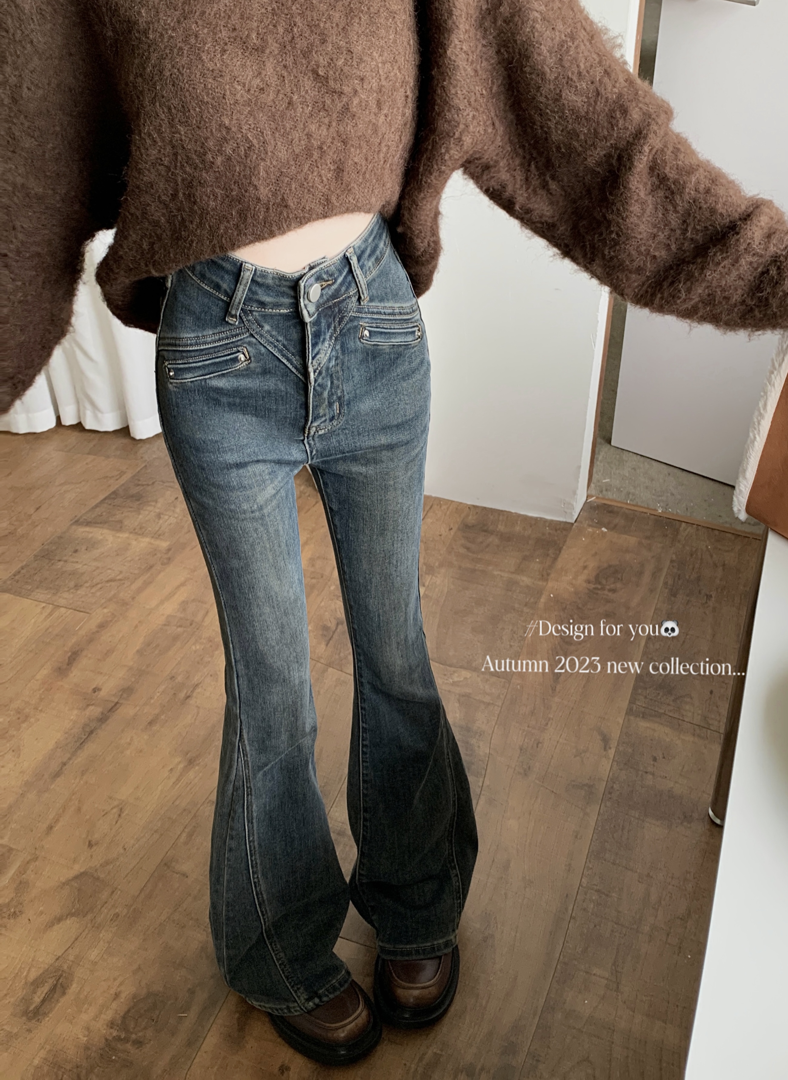 Actual shot ~ Retro distressed slim-fit bootcut jeans, American high street mid-high waist floor-length flared pants