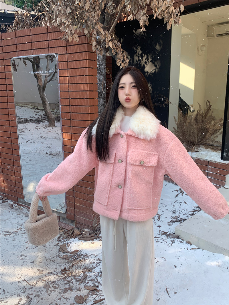 实拍冬季新款韩版颗粒绒仿羊羔毛加绒内胆保暖毛领外套