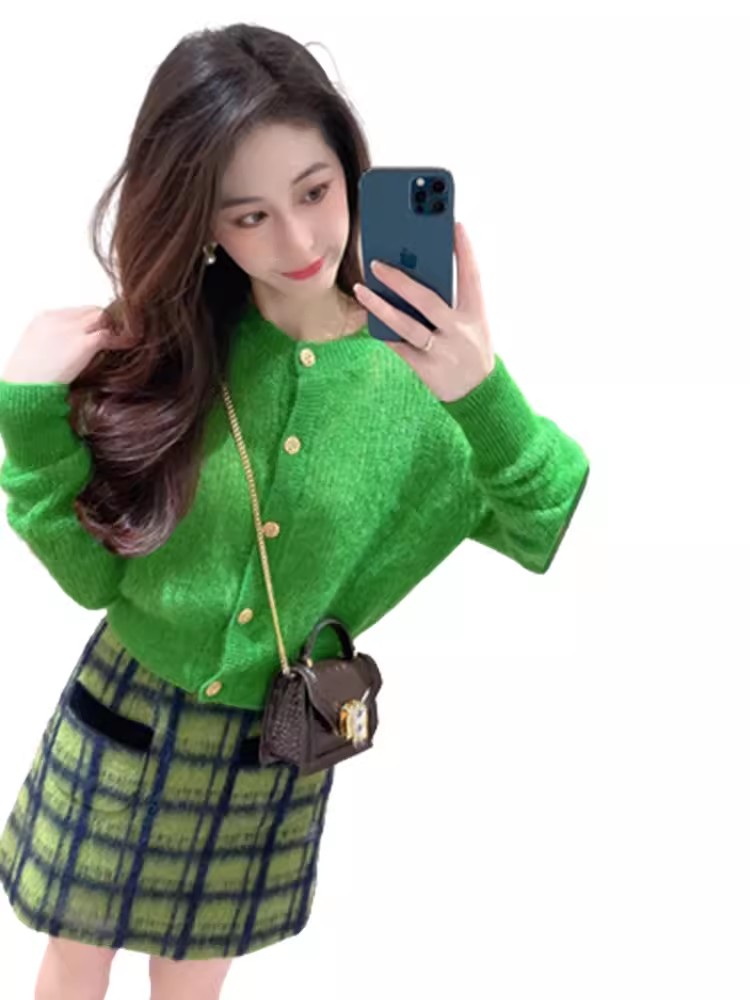 小清新绿色洋气针织开衫秋冬季新款韩系温柔风小个子毛衣外套