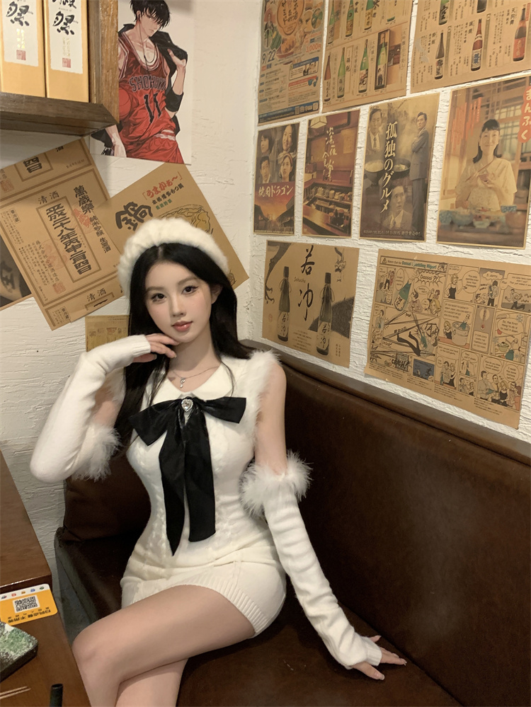 實拍實價  娃娃領純欲真毛毛裝飾粗針毛線包臀連衣裙短款甜美