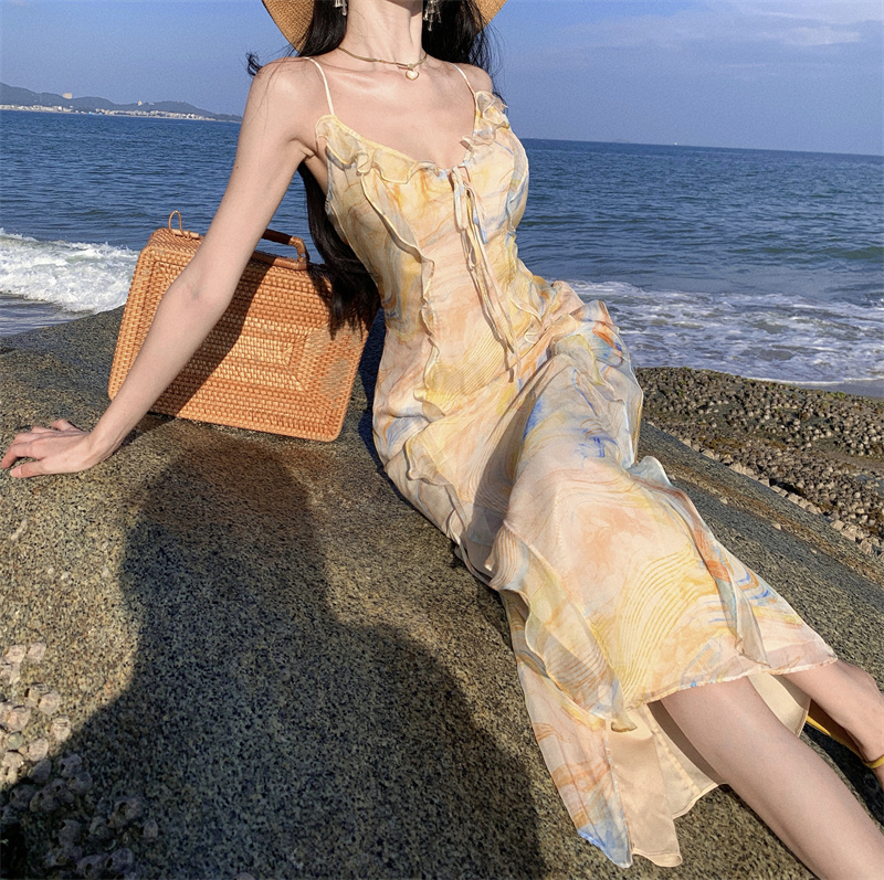 落日赤霞混紡V領吊帶碎花連衣裙夏季法式海邊度假長裙子