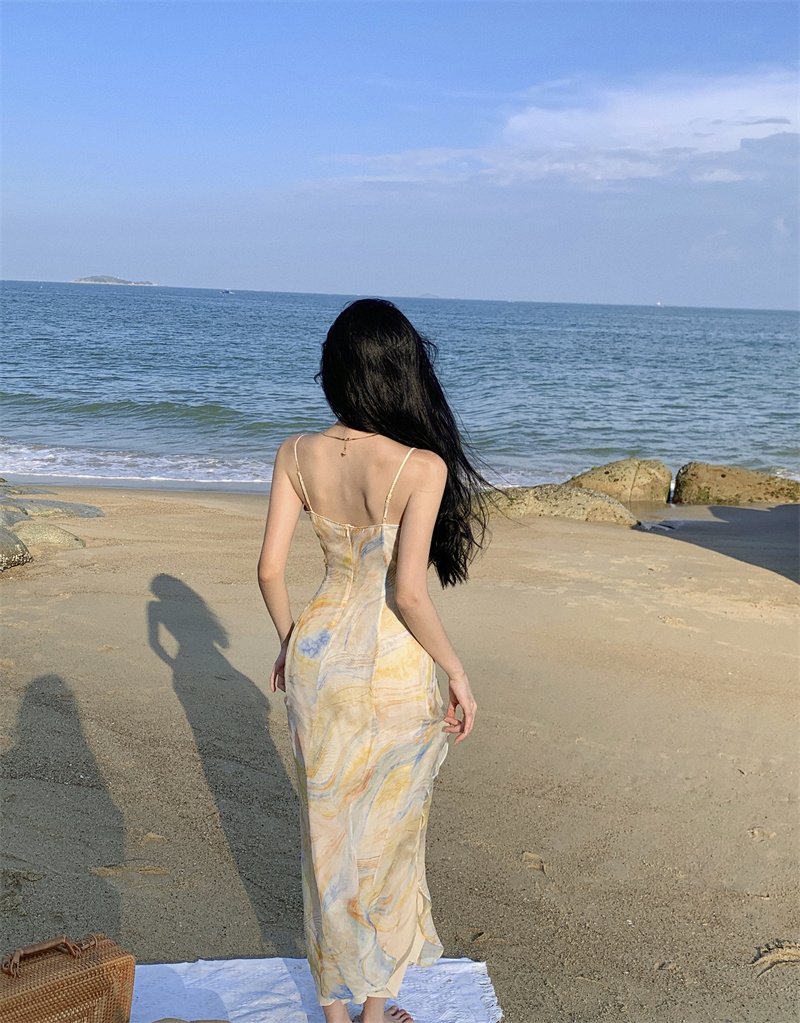 落日赤霞混紡V領吊帶碎花連衣裙夏季法式海邊度假長裙子