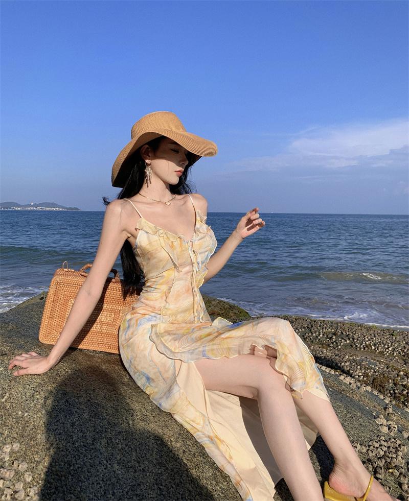 落日赤霞混紡V領吊帶碎花連衣裙夏季法式海邊度假長裙子