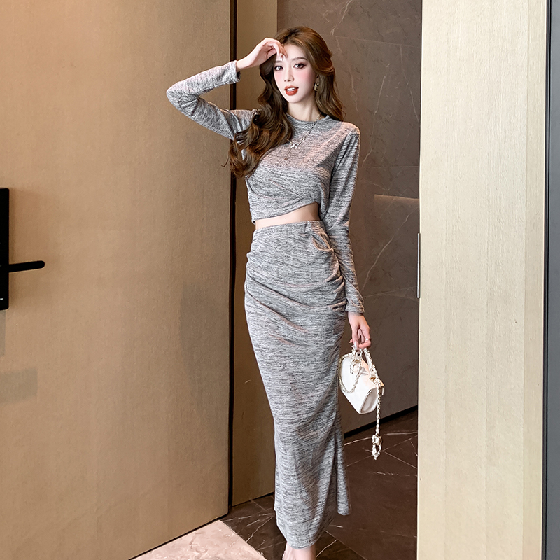 Actual shot of new design pure desire knitted dress long-sleeved top sexy hip-covering skirt bottoming two-piece suit