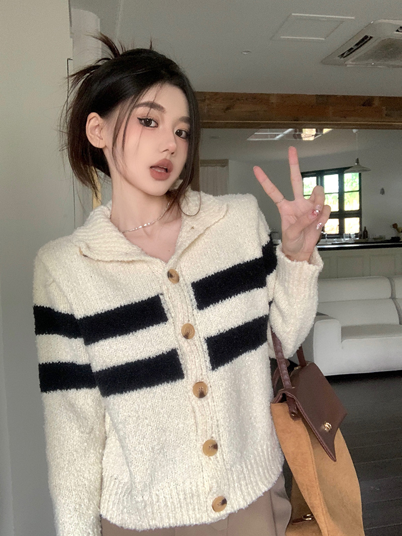 Real shot striped stand-up collar long-sleeved sweater coat autumn and winter lazy style loose slimming knitted cardigan