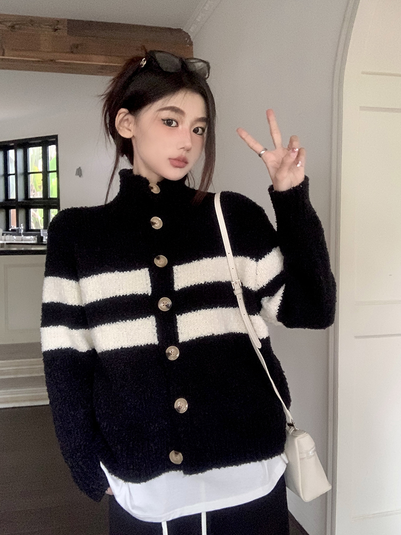 Real shot striped stand-up collar long-sleeved sweater coat autumn and winter lazy style loose slimming knitted cardigan
