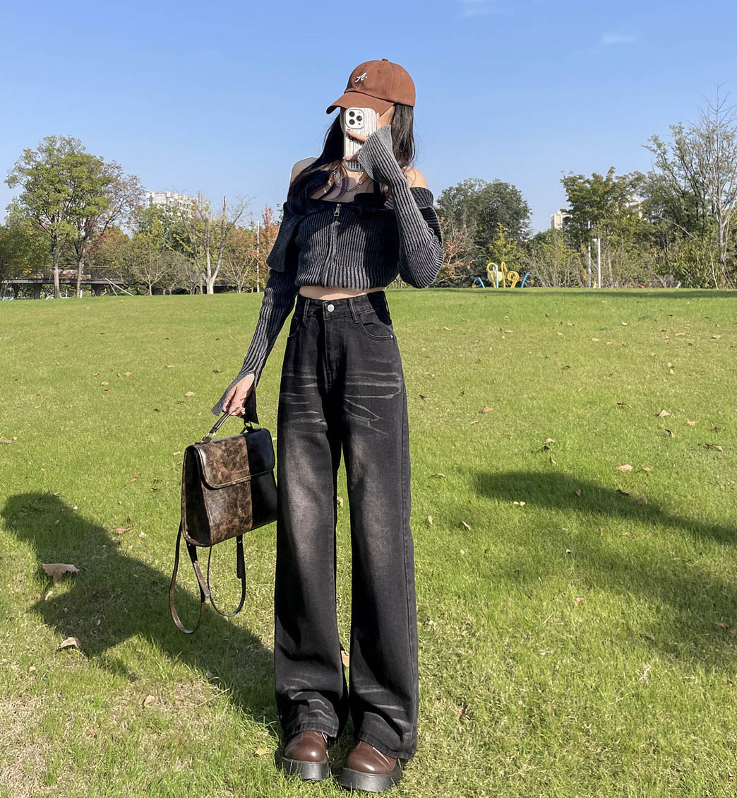 Real shot!  Retro washed black micro-flare jeans women's high street high waist loose wide leg floor mopping pants