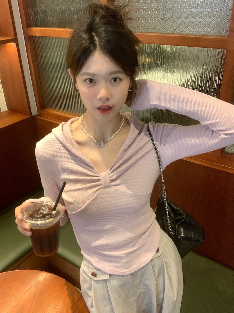 Actual shot~Korean spring versatile knitted bow bottoming T-shirt top~