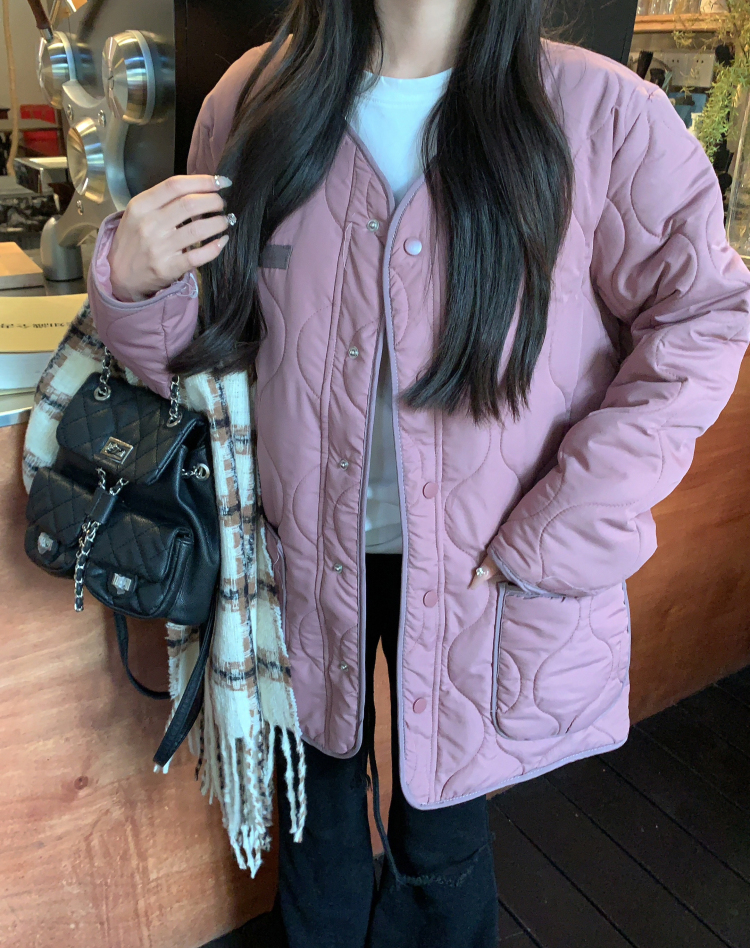 Actual shot of two-color rhombus lightweight cotton jacket for women in winter, single-breasted loose casual jacket + plaid scarf