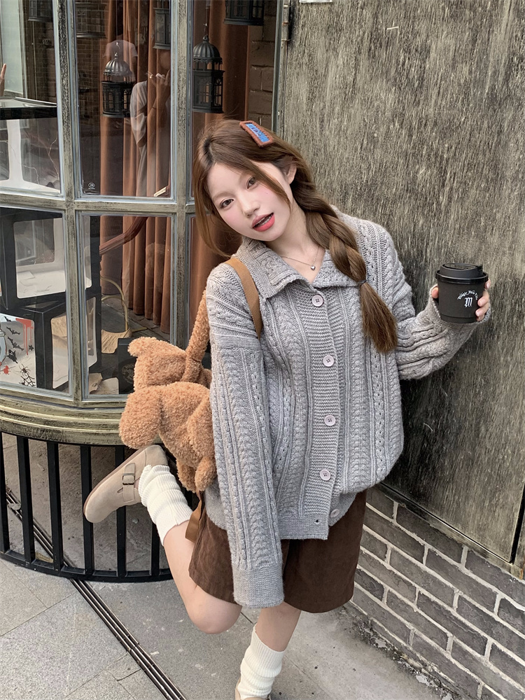 Real shot!  Lapel Thick Twist Sweater Coat Women's New Lazy Style Gray Knitted Top