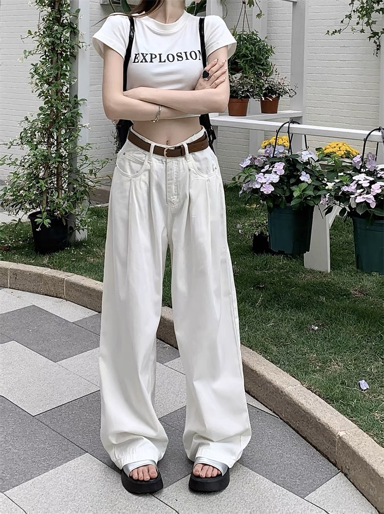 White soft denim trousers women's autumn new low-waisted loose straight pants drapey wide-leg floor-length casual pants