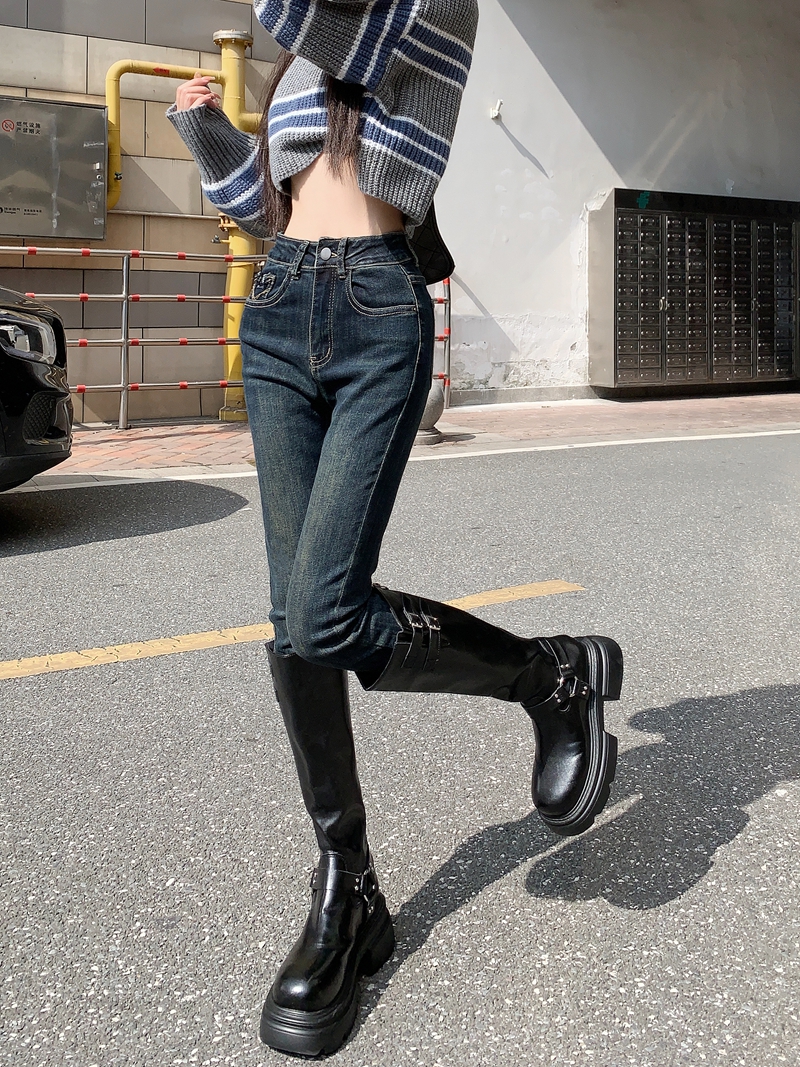 Actual shot #New slim fit denim trousers for women with design elastic pencil nine-point pants