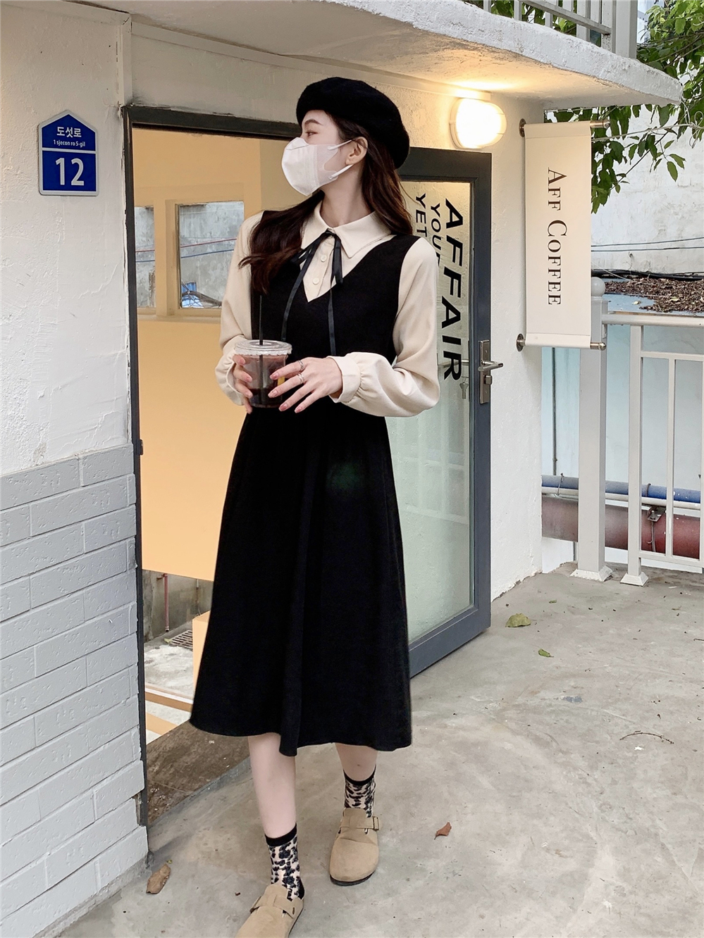Real shot Real shot Fake two-piece college style small person autumn and winter new style black dress women's bottoming long skirt