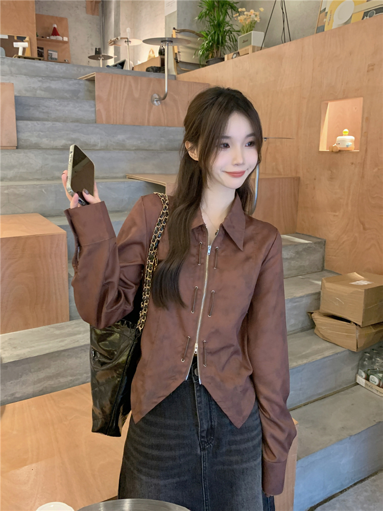 Real shot!  Retro Hong Kong Style Polo Collar Zipper Shirt Women Korean Style Loose Slim Long Sleeve Top Trendy