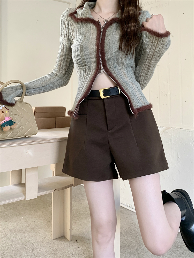 Actual shot ~Autumn and winter woolen suit shorts for women, high-waisted, slimming, A-line wide-leg boot pants