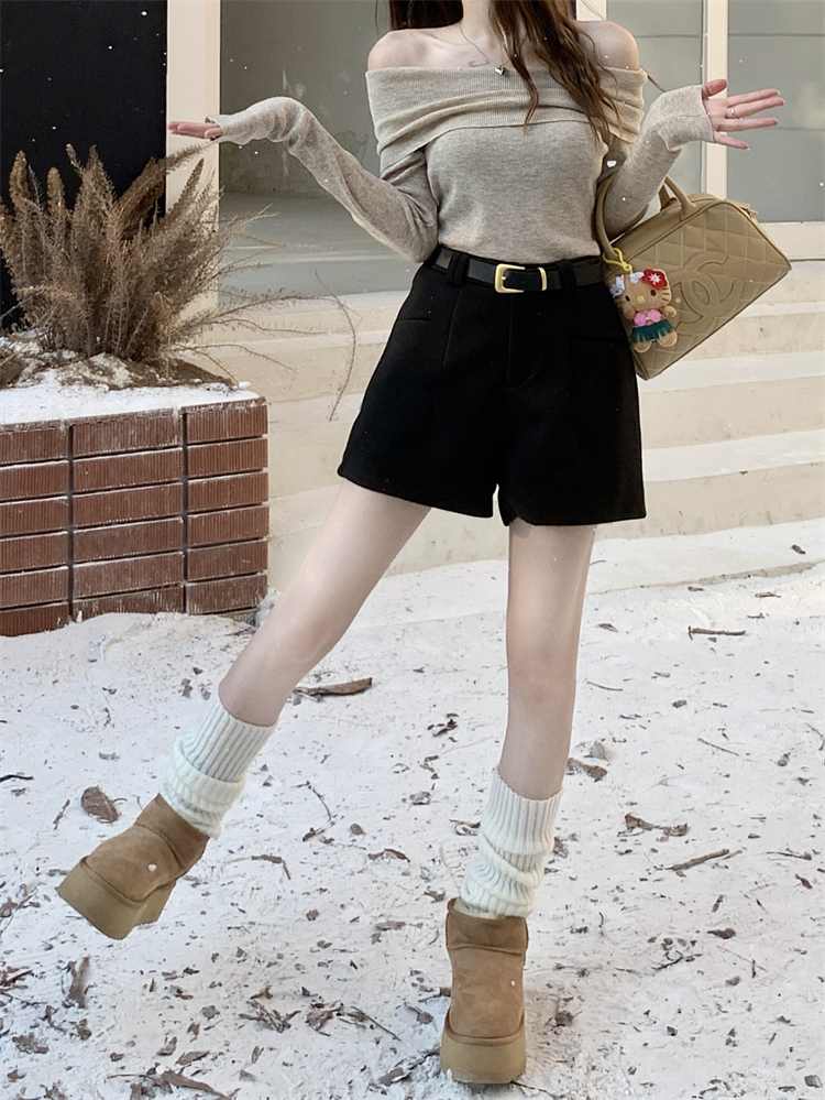 Actual shot ~Autumn and winter woolen suit shorts for women, high-waisted, slimming, A-line wide-leg boot pants
