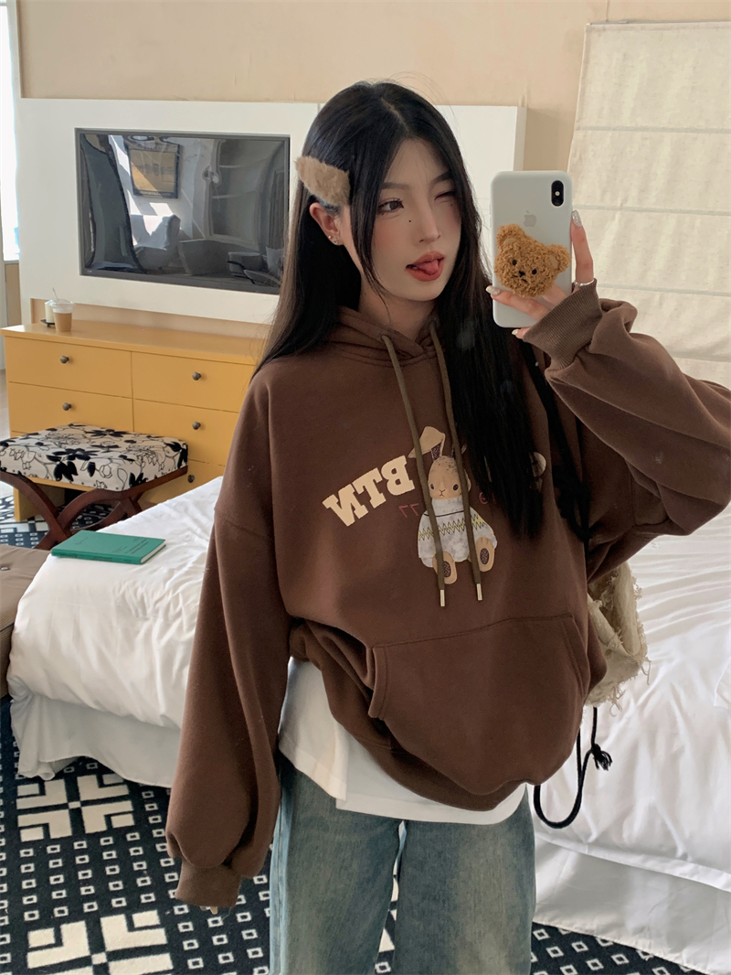 Real shot: The letters have been changed to warm snow fox velvet skin-friendly casual rabbit print hooded sweatshirt for women