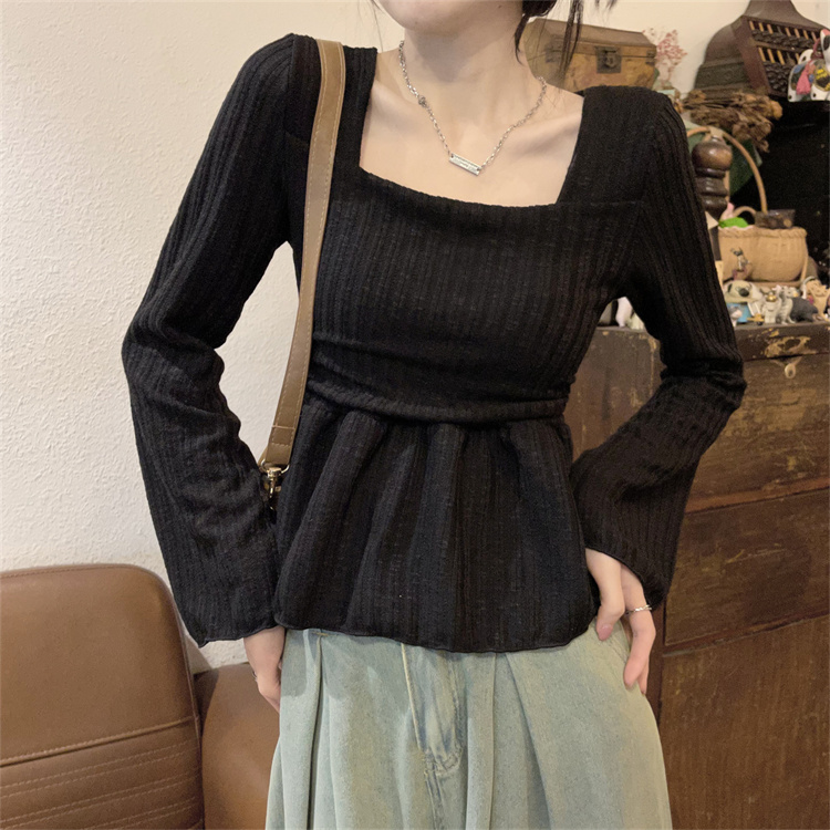Real shot French square neck bell sleeve top for women autumn slimming waist irregular long-sleeved T-shirt