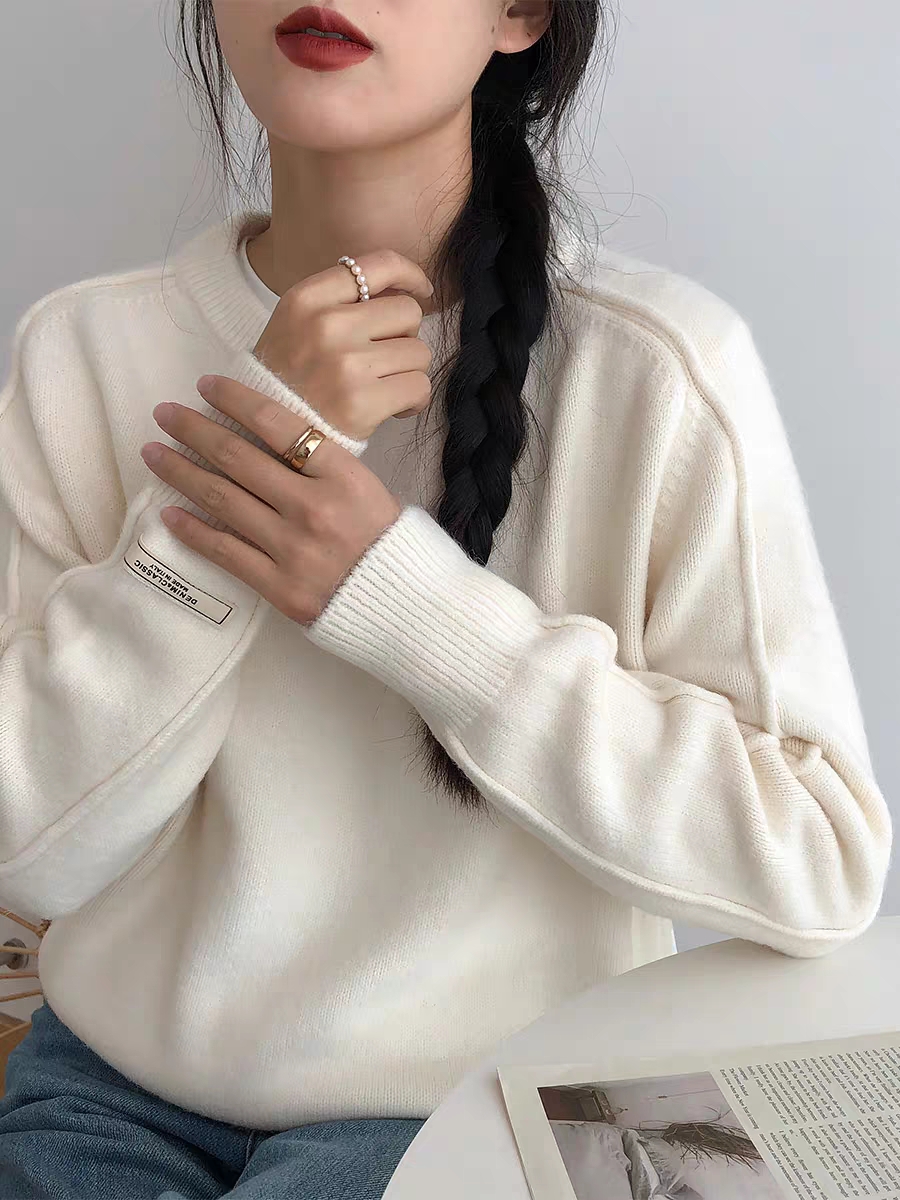 韩版慵懒风毛衣女冬季内搭小众设计感纯色圆领套头针织衫厚