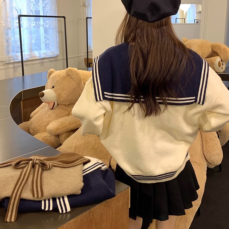 学院风海军领毛衣女秋冬季新款设计感宽松甜美慵懒针织衫上衣