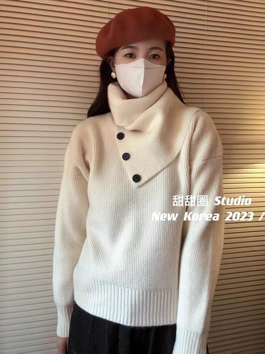 韩版慵懒风宽松v领套头毛衣女冬季设计感围脖两件套针织衫上衣