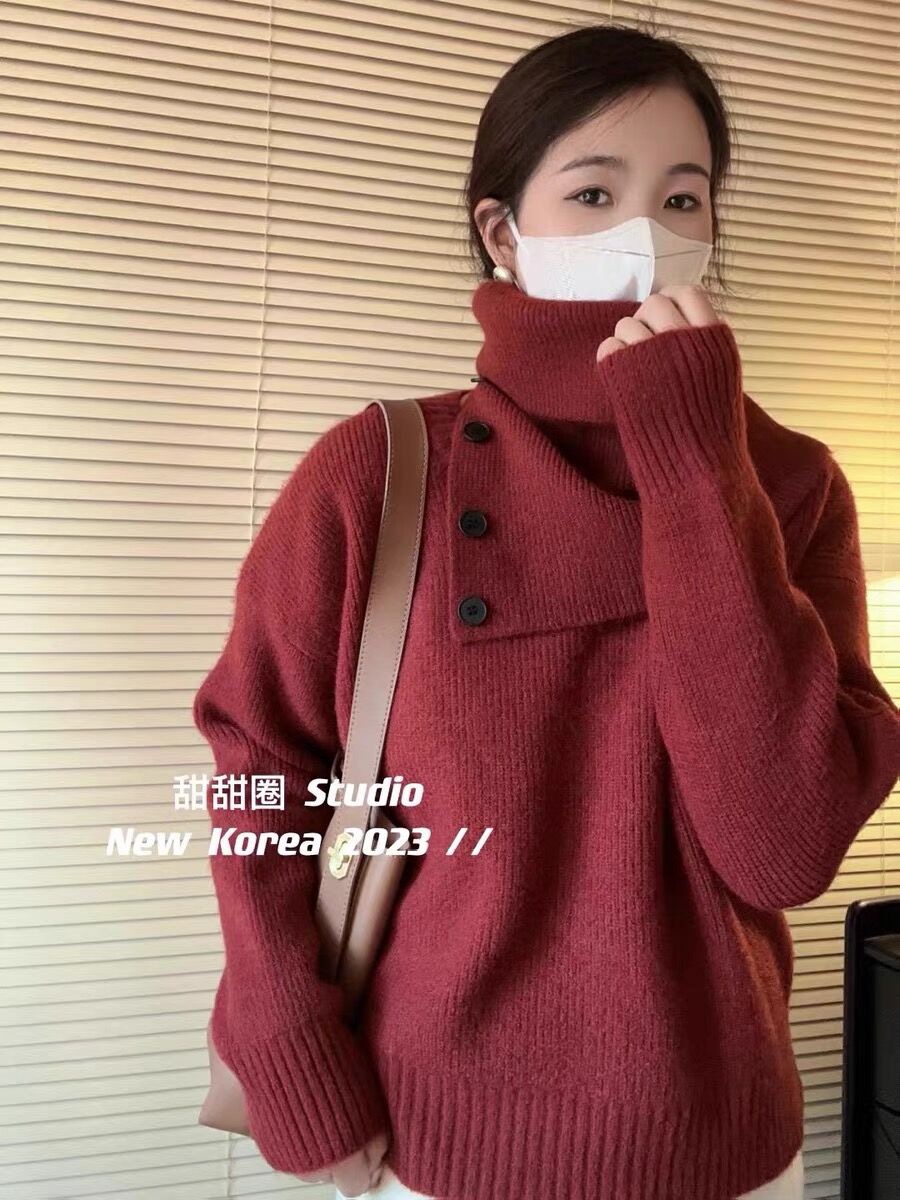 韩版慵懒风宽松v领套头毛衣女冬季设计感围脖两件套针织衫上衣
