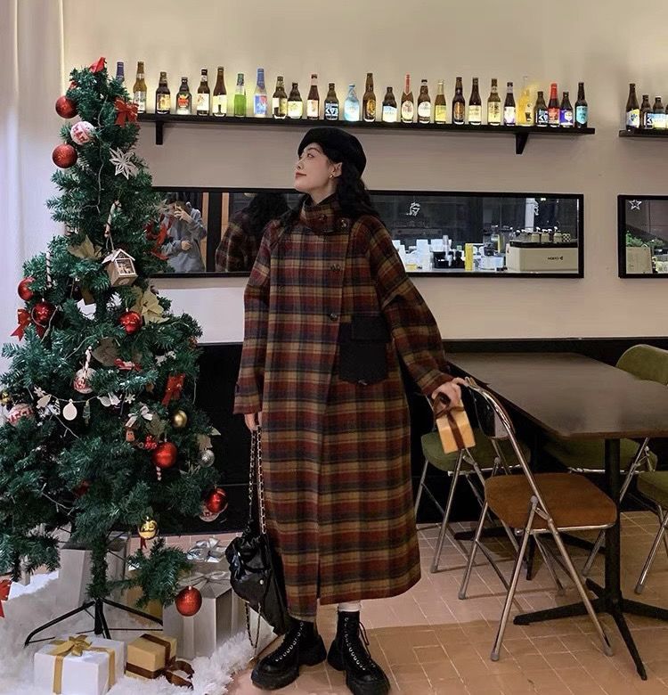！圣诞战袍款精致格子大衣女中长款小立领韩版时尚大衣外套